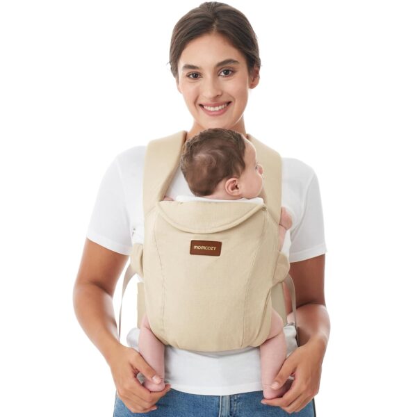 Momcozy WeeSnug Newborn Baby Carrier in khaki color with ergonomic cross-back support