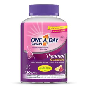 One A Day Prenatal Multivitamin Gummies bottle, 120 count, raspberry and orange flavor