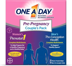 One A Day Pre-Pregnancy Multivitamin Softgels for Men and Women with bottle duo on bed