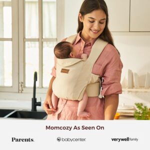 Momcozy WeeSnug Newborn Baby Carrier in khaki color with ergonomic cross-back support
