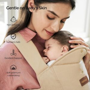 Momcozy WeeSnug Newborn Baby Carrier in khaki color with ergonomic cross-back support