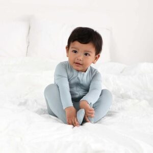 Bamboo Baby Footies Pajamas in BlueGrey – Organic Softwear