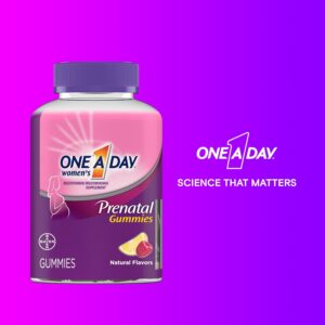 One A Day Prenatal Multivitamin Gummies bottle, 120 count, raspberry and orange flavor
