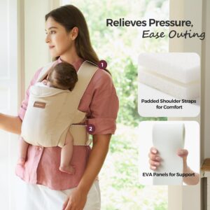 Momcozy WeeSnug Newborn Baby Carrier in khaki color with ergonomic cross-back support
