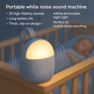 Momcozy Portable Sound Machine with clip-on design and infinite dimmable night light
