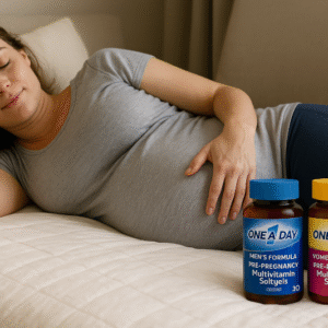 One A Day Pre-Pregnancy Multivitamin Softgels for Men and Women with bottle duo on bed
