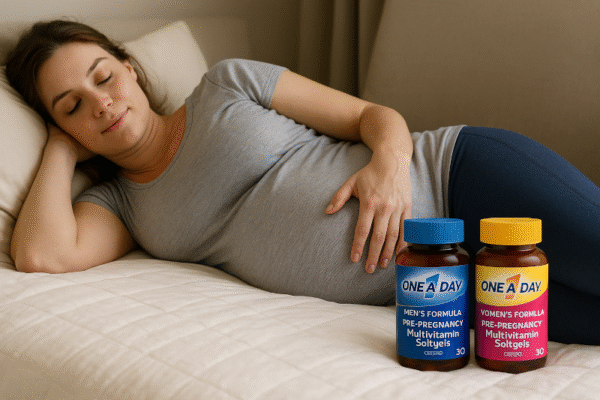 One A Day Pre-Pregnancy Multivitamin Softgels for Men and Women with bottle duo on bed