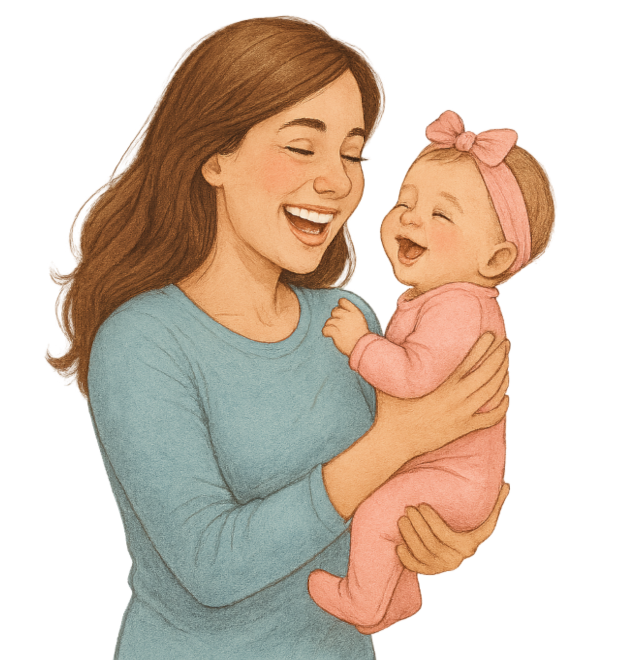 Happy Mom Holding Newborn Baby Girl – Mom and Little One Testimonials Mother joyfully holding newborn daughter in pink onesie and bow headband – Mom and Little One testimonial